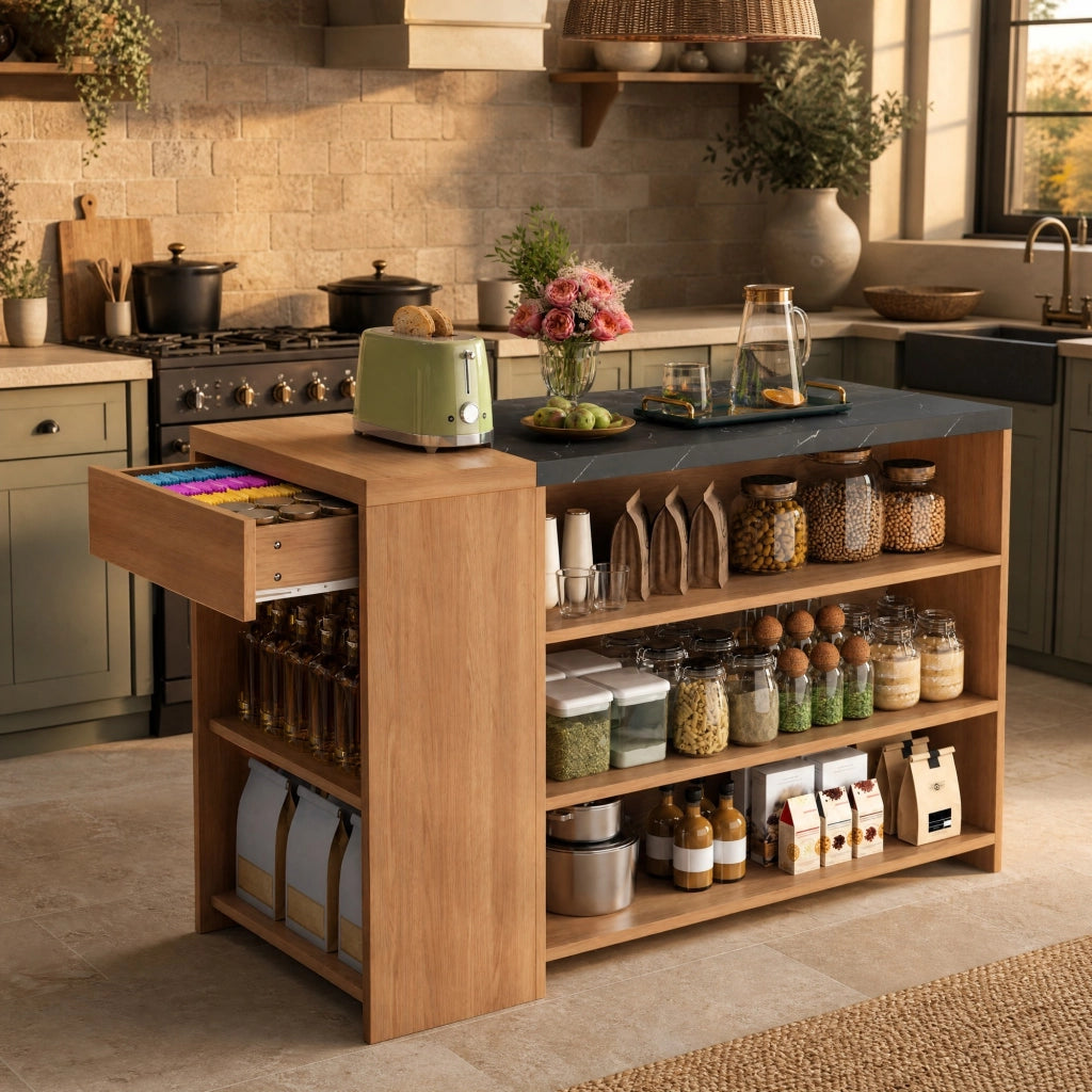 Isola cucina con piano ampio e spazio contenitivo; 140x60x90 cm; nero naturale