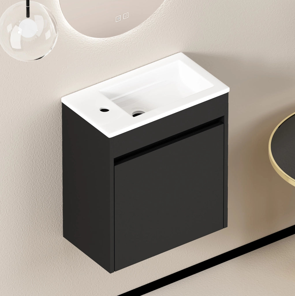 Mobile bagno nero da 46 cm con porta a chiusura rallentata e ampio spazio contenitivo