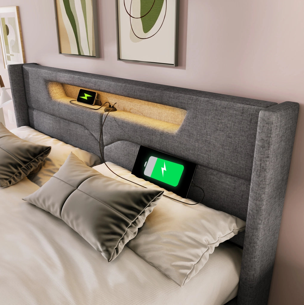 Letto 160x200 cm con contenitore, LED, USB e USB-C in tessuto di lino grigio