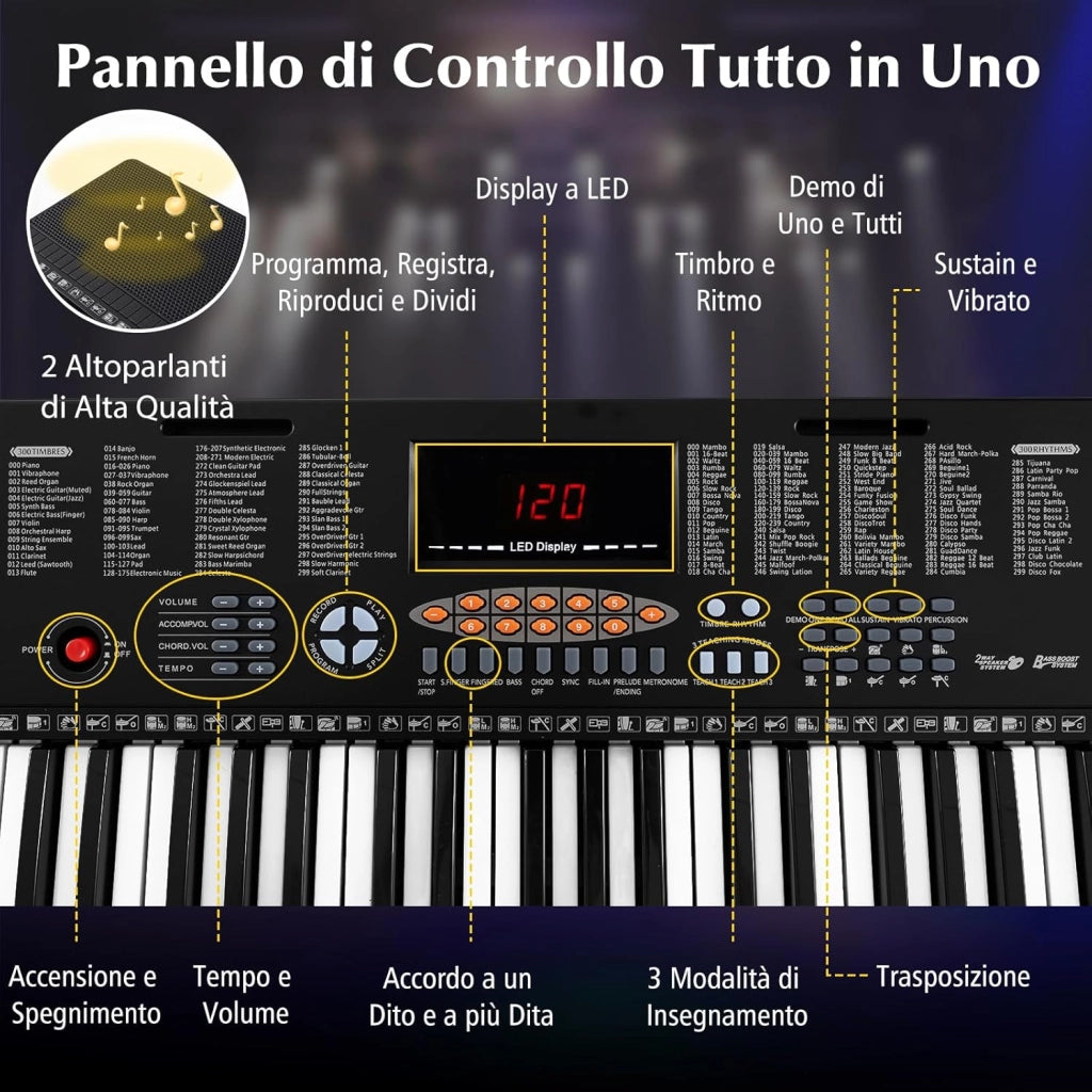 Pianoforte con Tastiera a 61 Tasti, Tastiera Digitale per Principianti con Microfono e Leggio, Pianola Elettrica con 300 Ritmi, 300 Timbri, 50 Canzoni Demo e 3 Modalità di Insegnamento