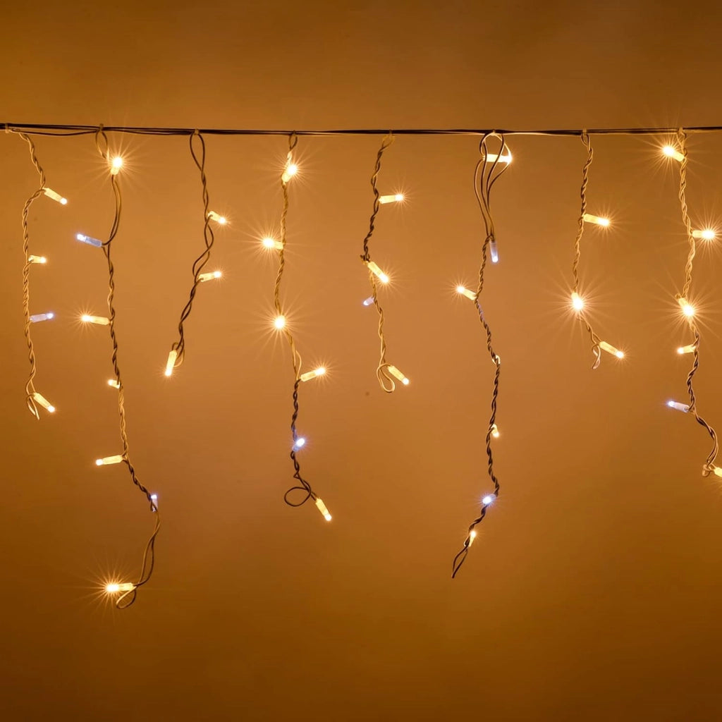 TENDA LUMINOSA LED STALATTITI 280 MAXI LED DA 6 METRI PROLUNGABILI CON LUCI CALDE FISSE E BIANCO FLASH INTERMITTENTI PER DECORAZIONI NATALIZIE BALCONI FACCIATE BAR RISTORANTI NEGOZIO
