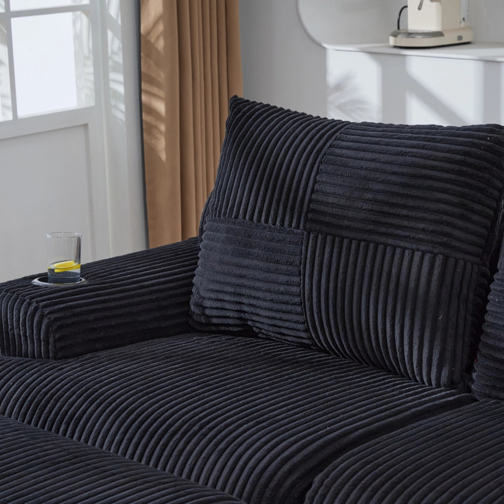 Divano modulare 4 posti con portabicchieri e tasca laterale 333x174x80 cm; corduroy nero