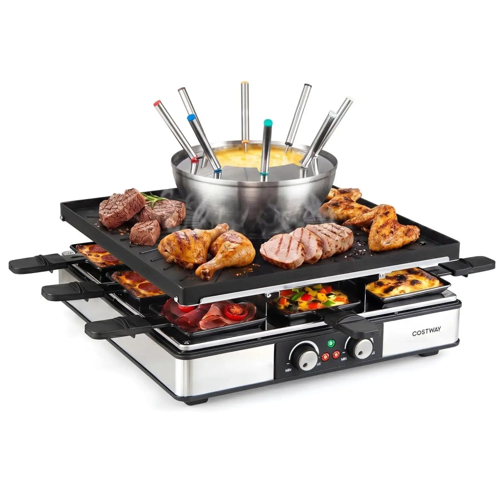 Grill Raclette Elettrico con Fonduta 2200 W per 8 Persone, Piastra Reversibile Antiaderente e 8 Padelline
