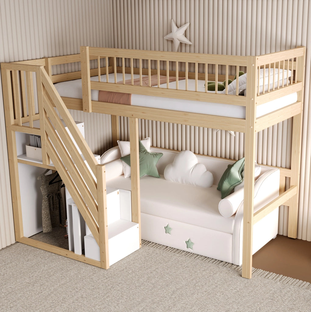 Letto rialzato per bambini 90x200 cm con scala contenitore; in legno