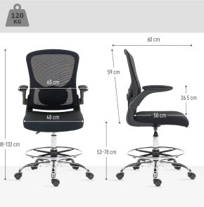 Sedia da ufficio alta nera con supporto lombare 4D, altezza regolabile e ruote