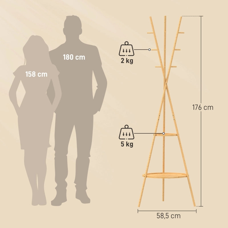 Mobile ingresso con 9 ganci e 2 ripiani - per ingresso - in bambù e MDF - naturale