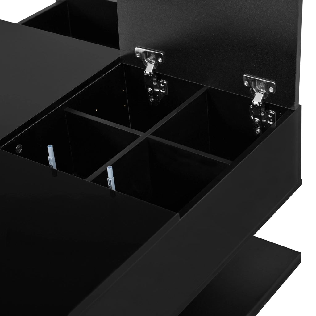 Tavolino da salotto 72x72 cm con piano elevabile, LED App e cassetti nero