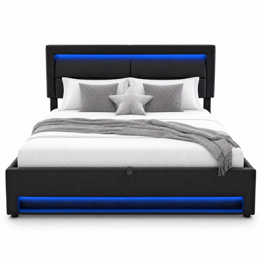 Letto imbottito nero 160 x 200 cm con USB, LED e vano contenitore