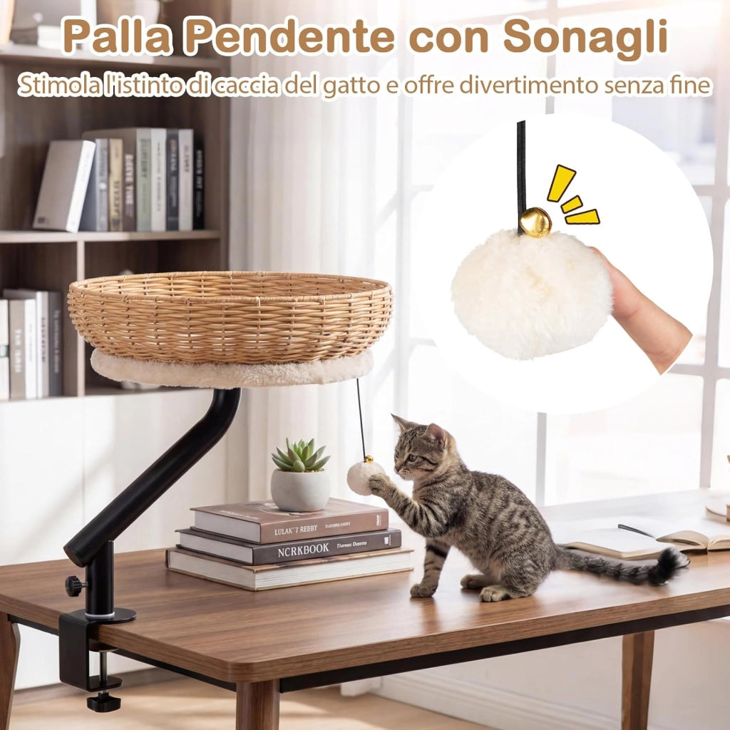 Letto per Gatti da Scrivania Girevole 360°
Cuccia per Gatti in Rattan con Cuscino in Peluche Rimovibile, Amaca con Morsetto per Spessore 1,5-4,5 cm per Studio e Ufficio