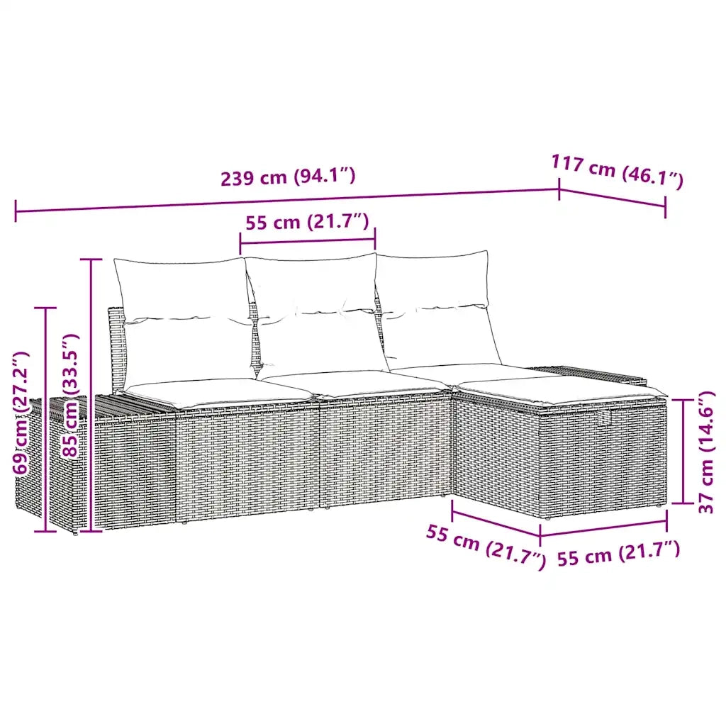 Set Divano da Giardino con cuscino 4 pcs Nero Poly Rattan 3359352