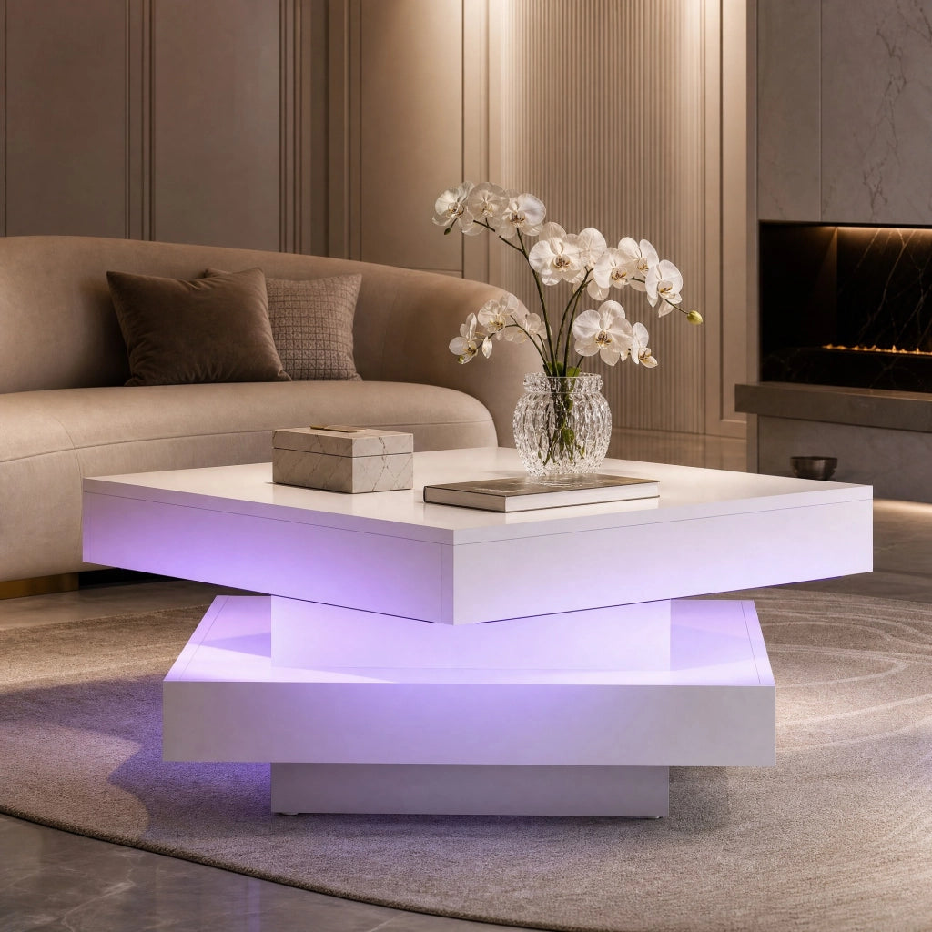 Tavolino da caffè bianco lucido con piano girevole a 360° e LED, 70x70x36 cm