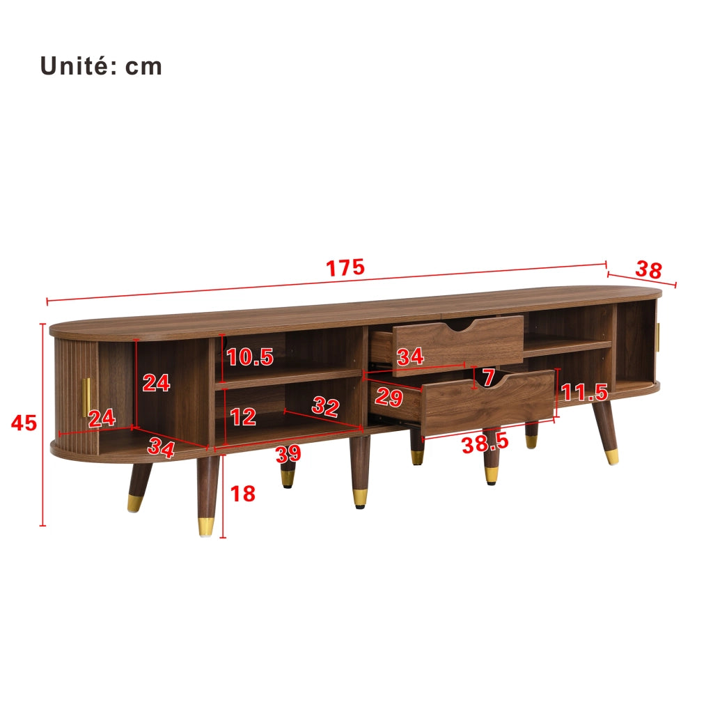 Mobile TV con 1 Porta Scorrevole in Rattan; Vani Aperti e Cassetti; per Soggiorno; in MDF; 175 × 38 × 45 cm; Noce