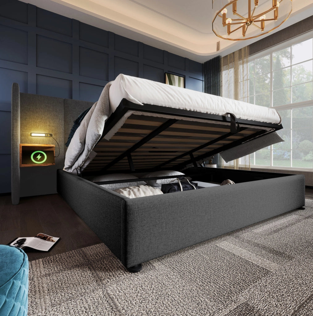 Letto matrimoniale 180x200 grigio con contenitore, luce LED, USB e Type-C