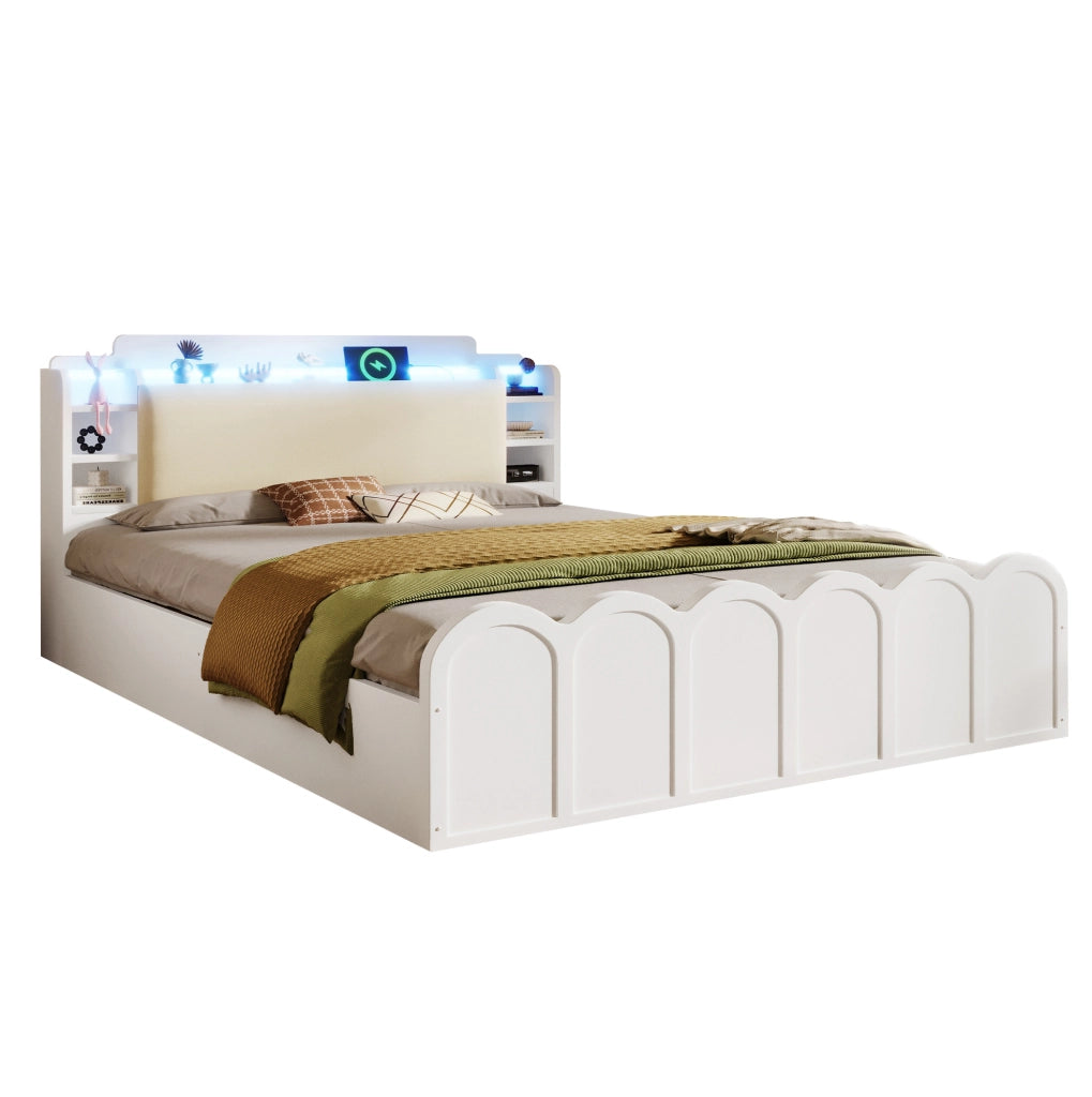 Letto contenitore 140x200 cm bianco con LED, USB e USB-C