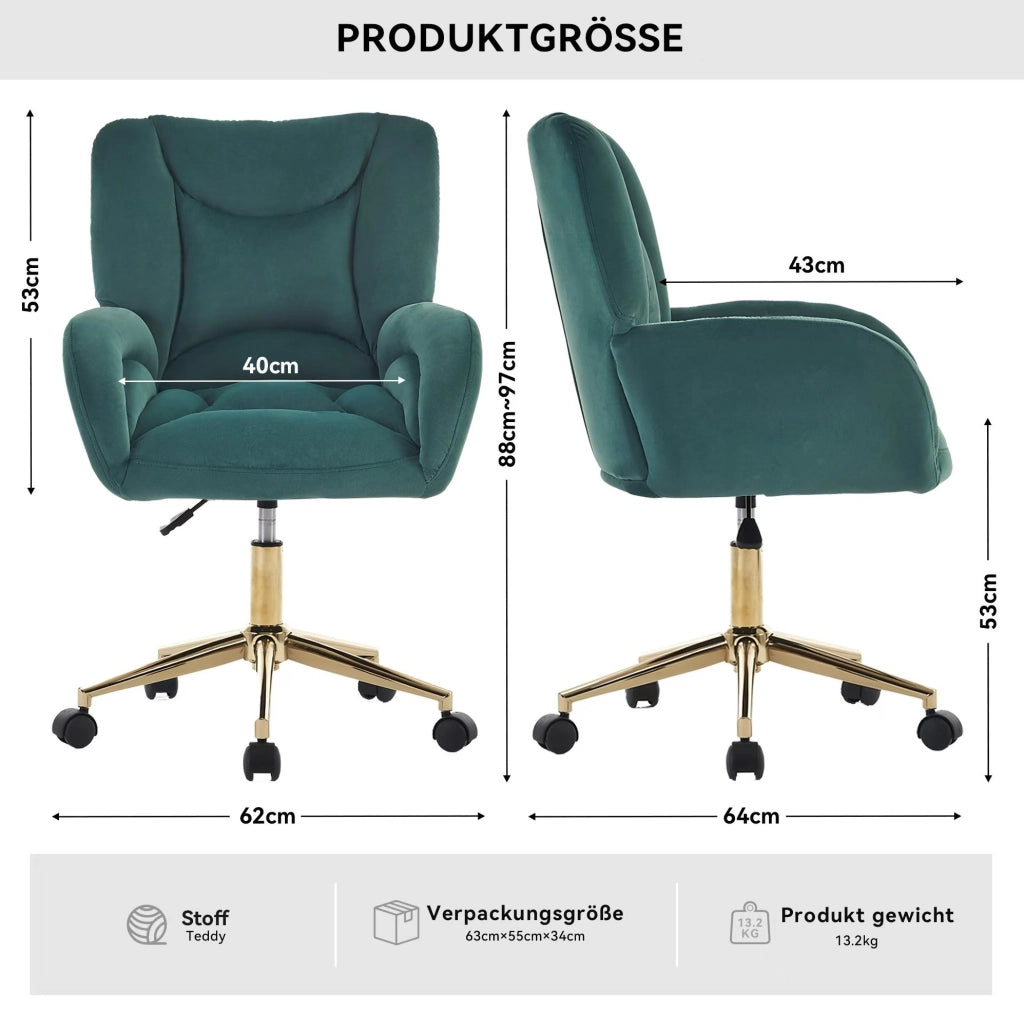 Sedia da ufficio 64x62x97 cm verde – altezza regolabile, con ruote