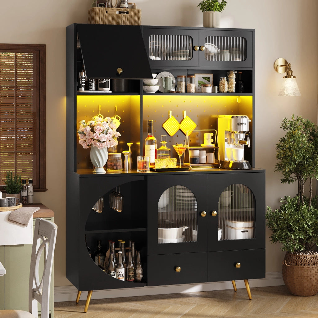 Credenza alta con LED, prese USB e 2 prese AC, 120×40×176 cm, nero