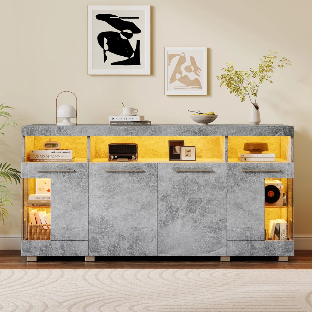 Madia da soggiorno con 3 vani ante in vetro temperato illuminazione LED MDF grigio cemento 140 × 40 × 70 cm