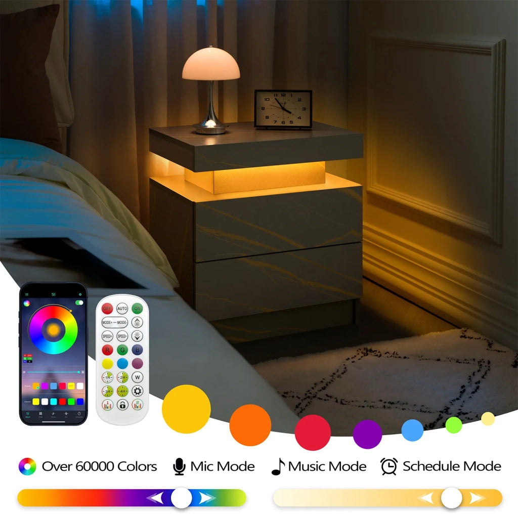 Comodino moderno con 2 cassetti, luci LED integrate, grigio e oro