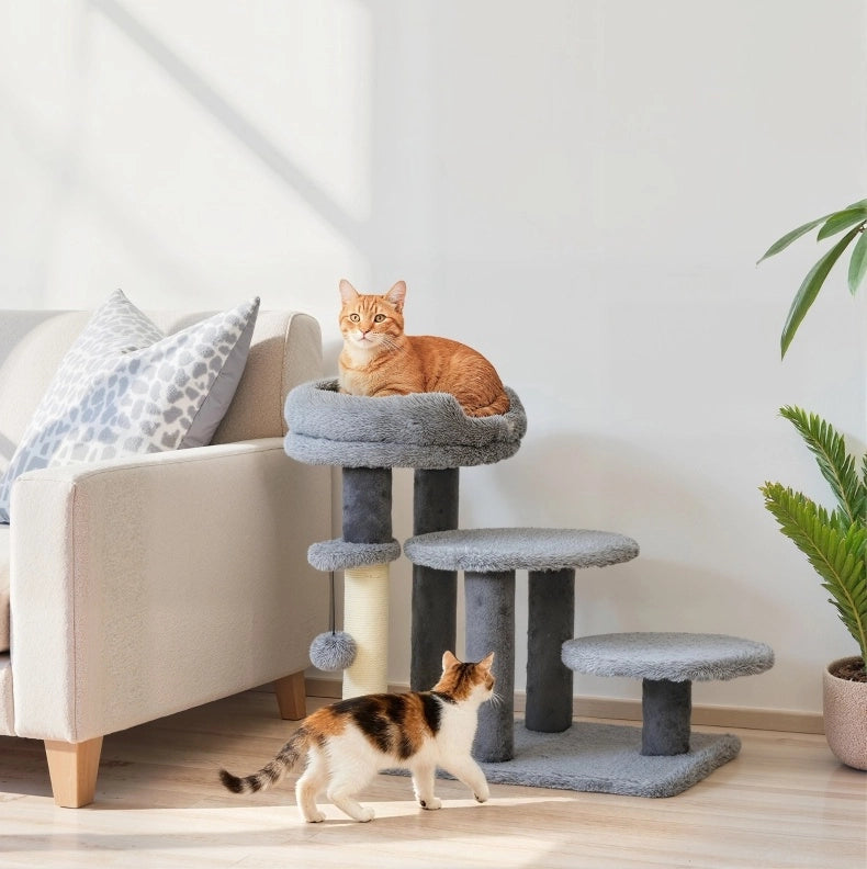 Scala per gatti ULEVR 2 in 1 grigia con cuccia rimovibile, tiragraffi in sisal e pallina, portata 6 kg