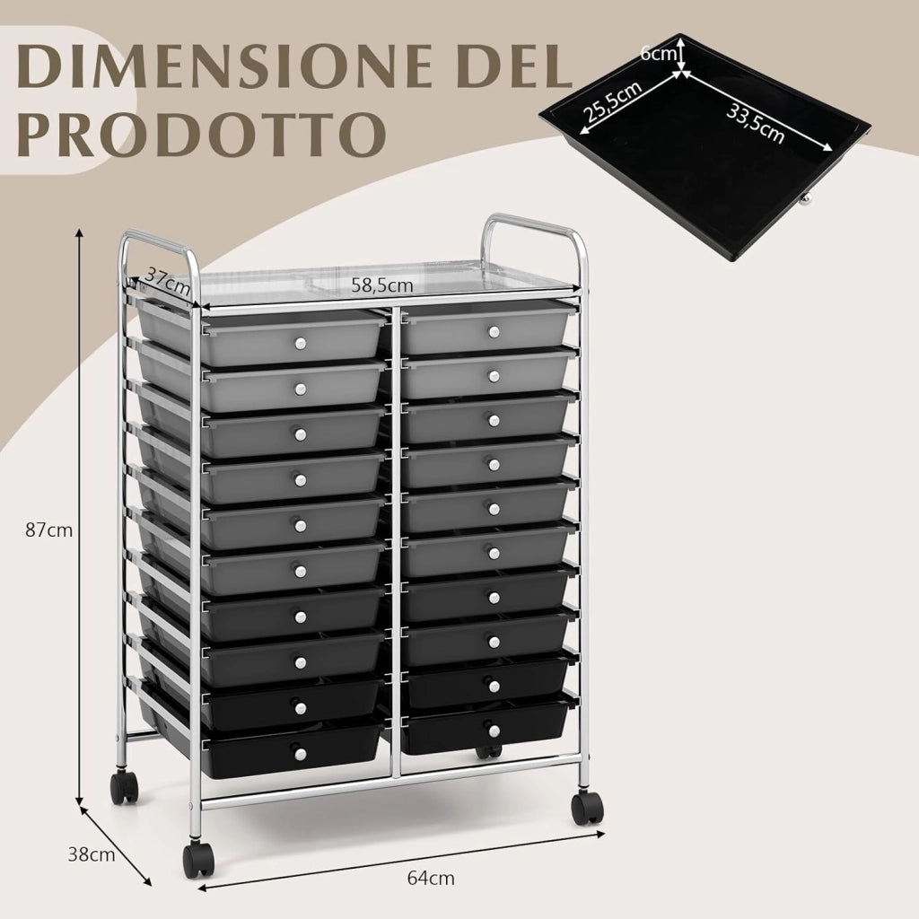 Carrello di Stoccaggio con 20 Cassetti, Carrello portaoggetti con 4 Ruote, Carrello Multiuso per Scuola Ufficio Cucina, 64 x 39 x 88 cm (Nero sfumato)