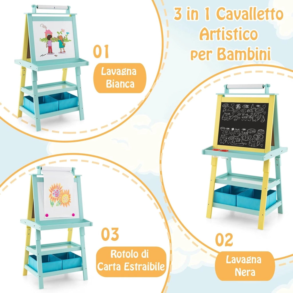 3 in 1 Cavalletto per Bambini con Doppia Faccia, Cavalletto per Disegno con 2 Vassoi e 2 Scatole, Lavagna Bambini in Legno (Verde)