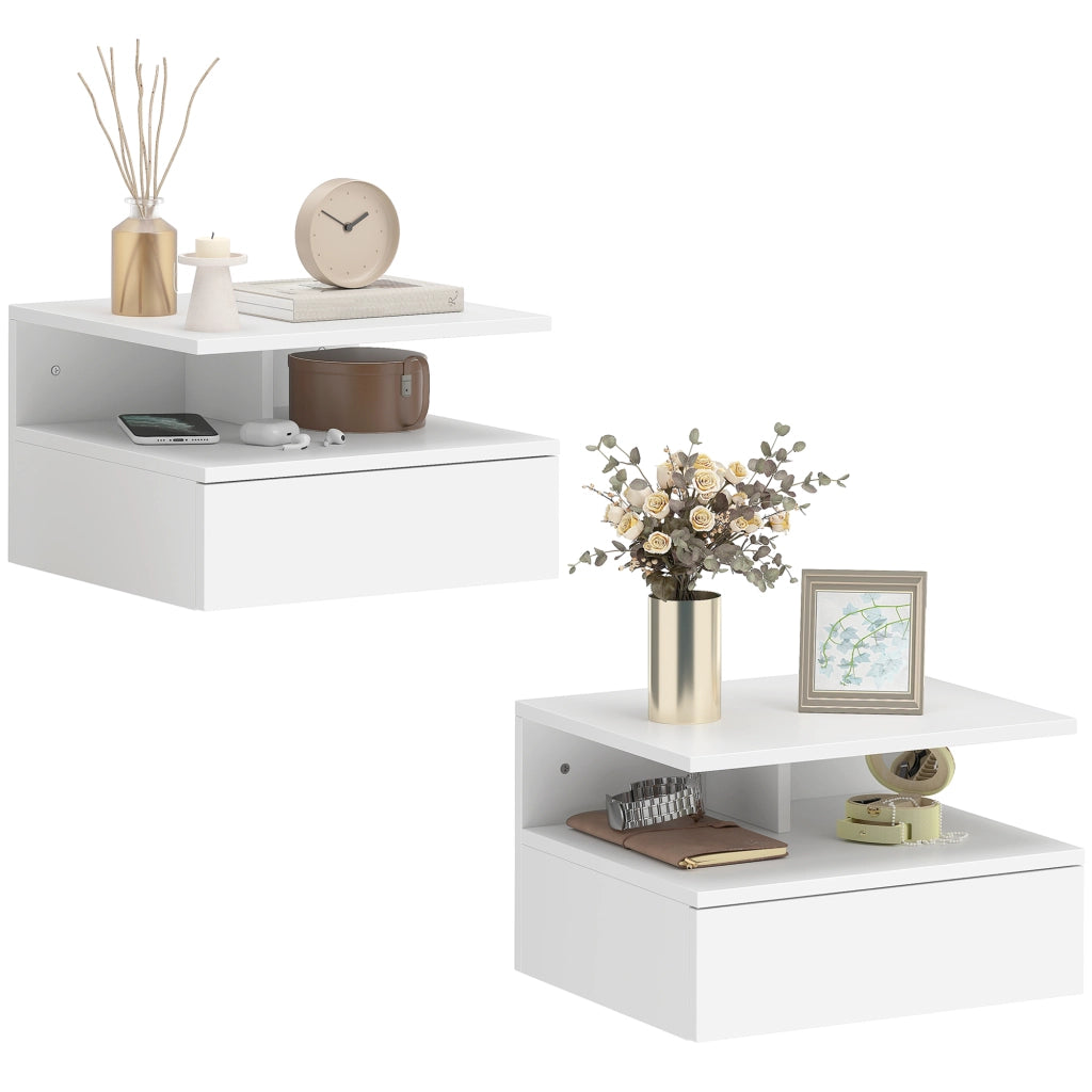 Set di 2 comodini sospesi da parete con cassetto e ripiano aperto, comodini pensili salvaspazio, 35x32x22,5cm, bianco