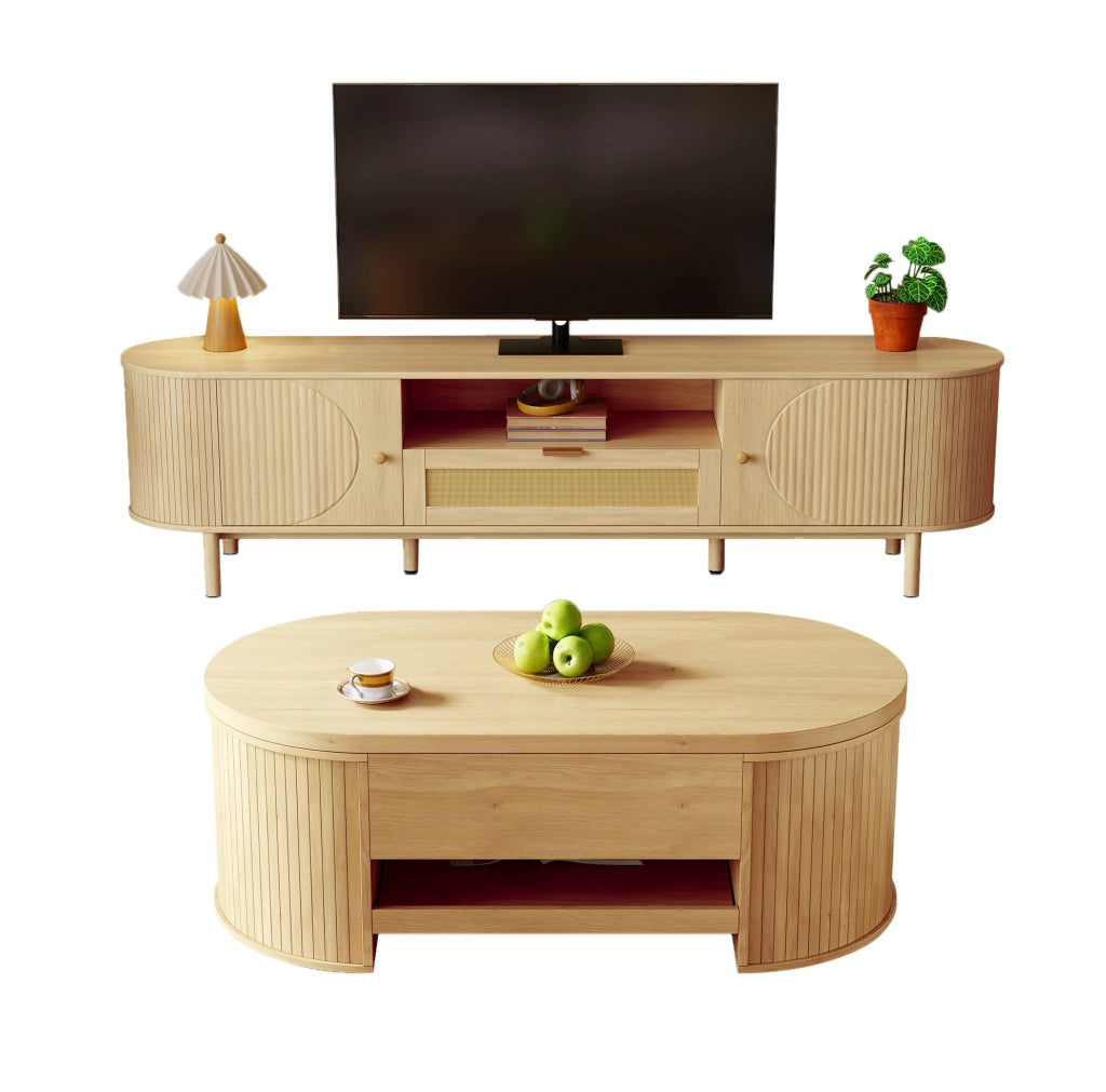 Set soggiorno con tavolino regolabile e mobile TV 175 cm in MDF effetto legno naturale