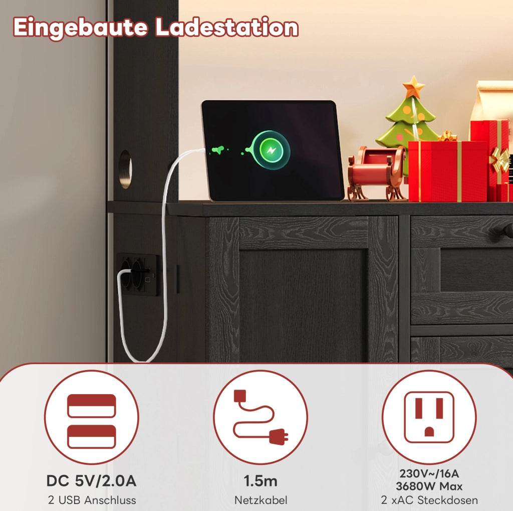 Credenza da cucina con LED, prese e portabottiglie, nera