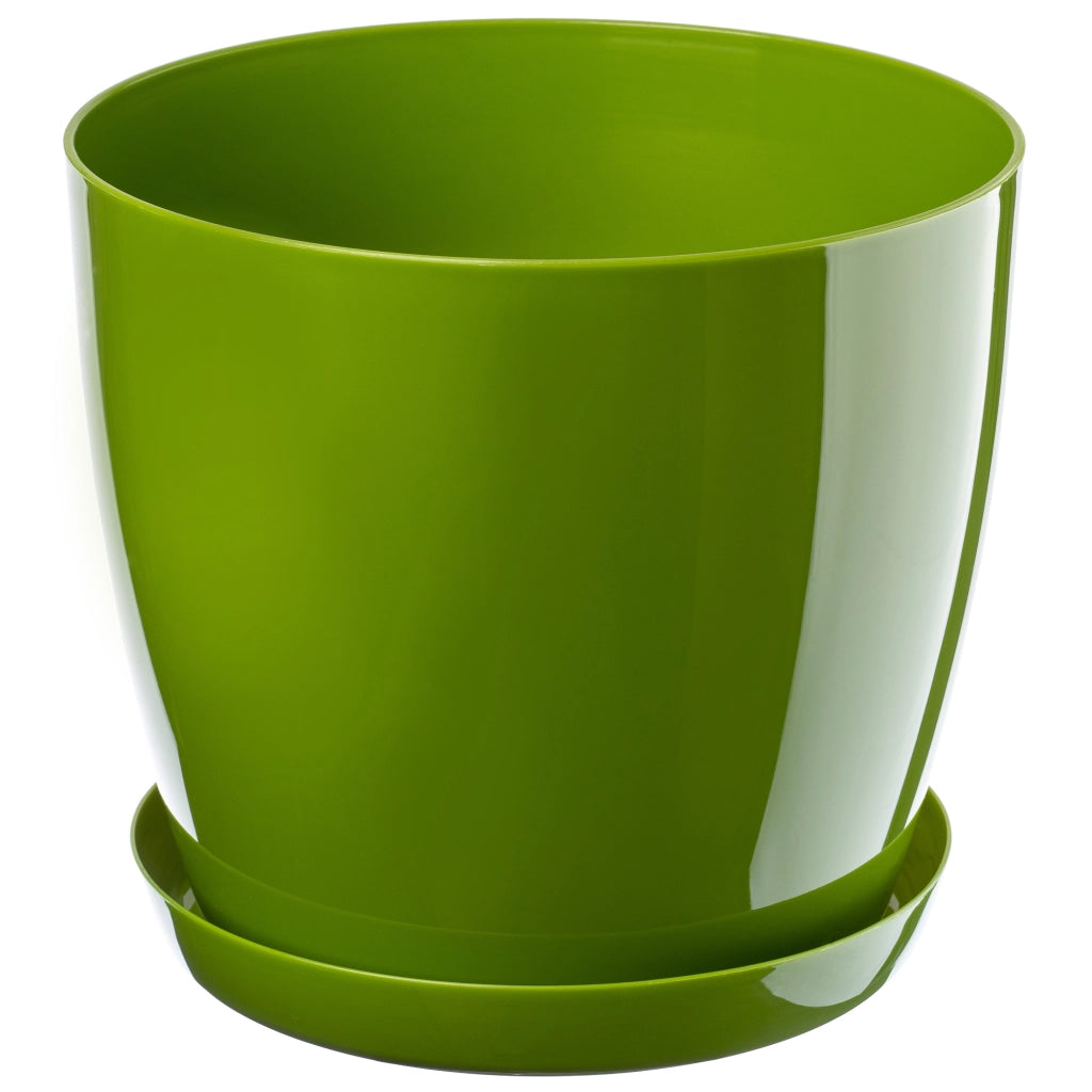 Vaso da fiori KADAX con sottovaso e coperchio in plastica, 18 cm, verde.