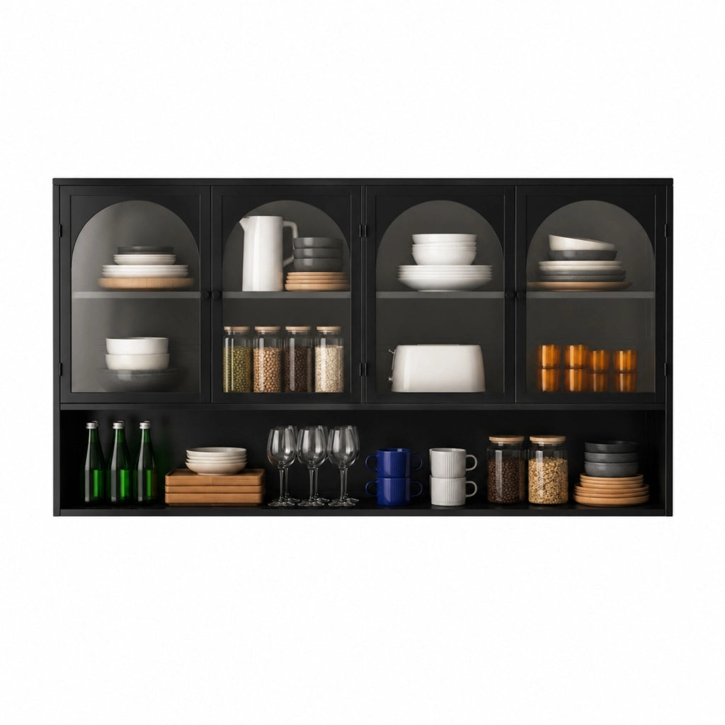 Vetrina sospesa a parete a quattro ante in metallo e vetro grigio per cucina e soggiorno nera 120 × 23 × 70 cm