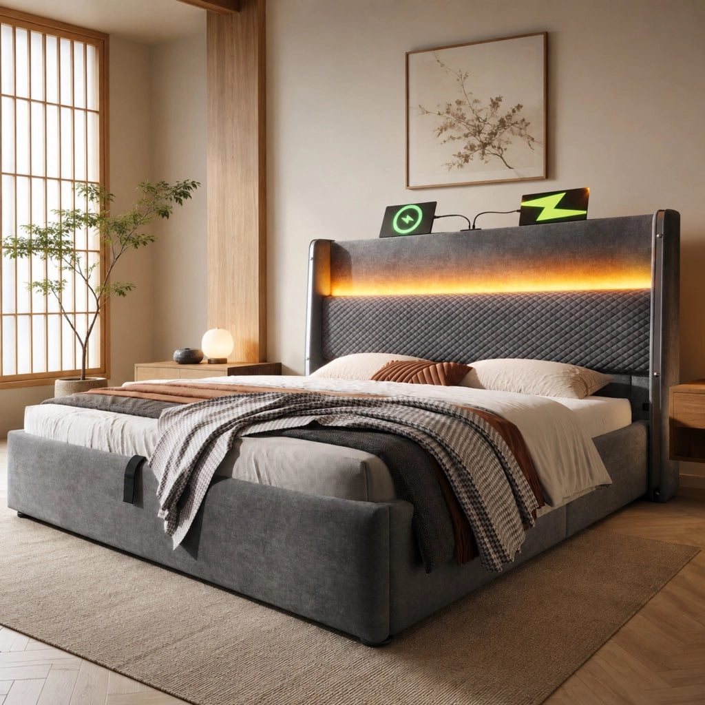 Letto matrimoniale contenitore idraulico 180 × 200 cm con LED; USB e Type-C; lino grigio