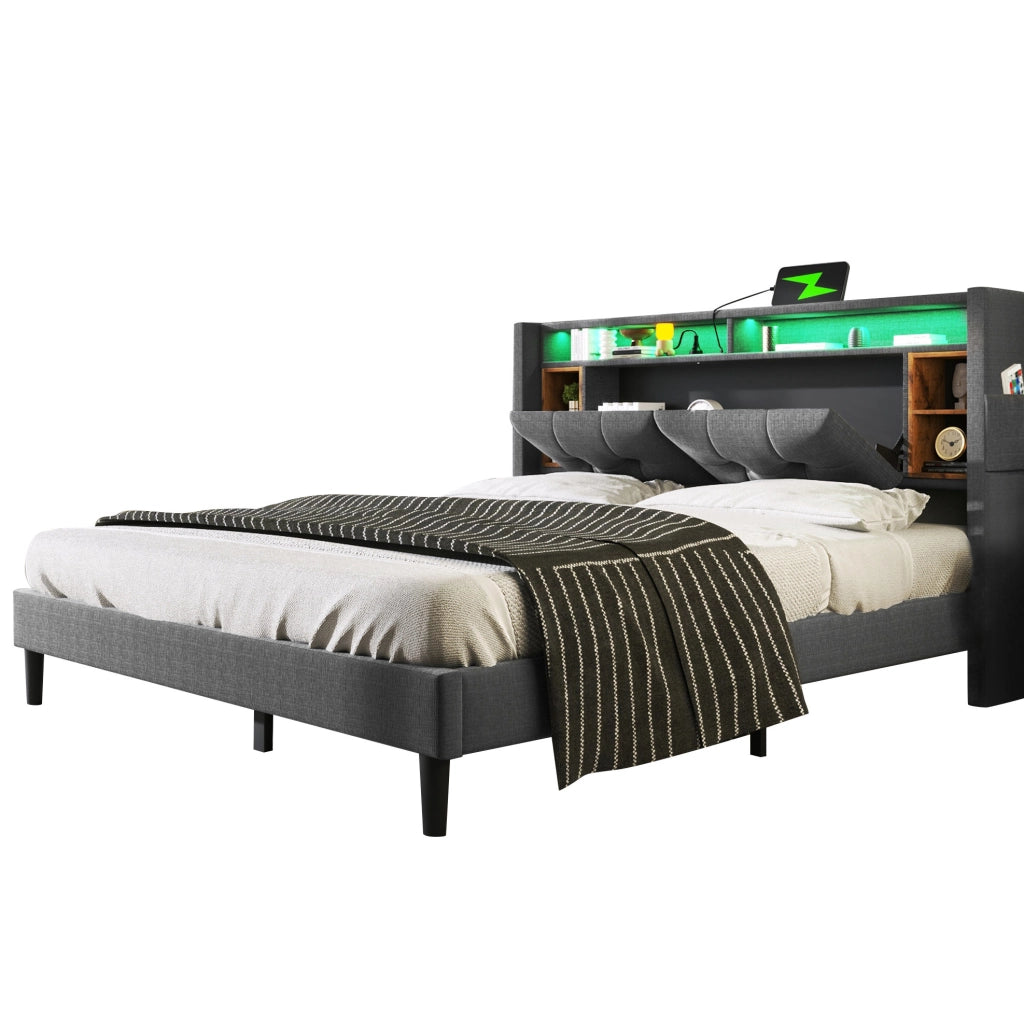 Letto matrimoniale imbottito con contenitore, testiera con USB e illuminazione LED, struttura in legno massello 140x200 cm grigio (senza materasso)
