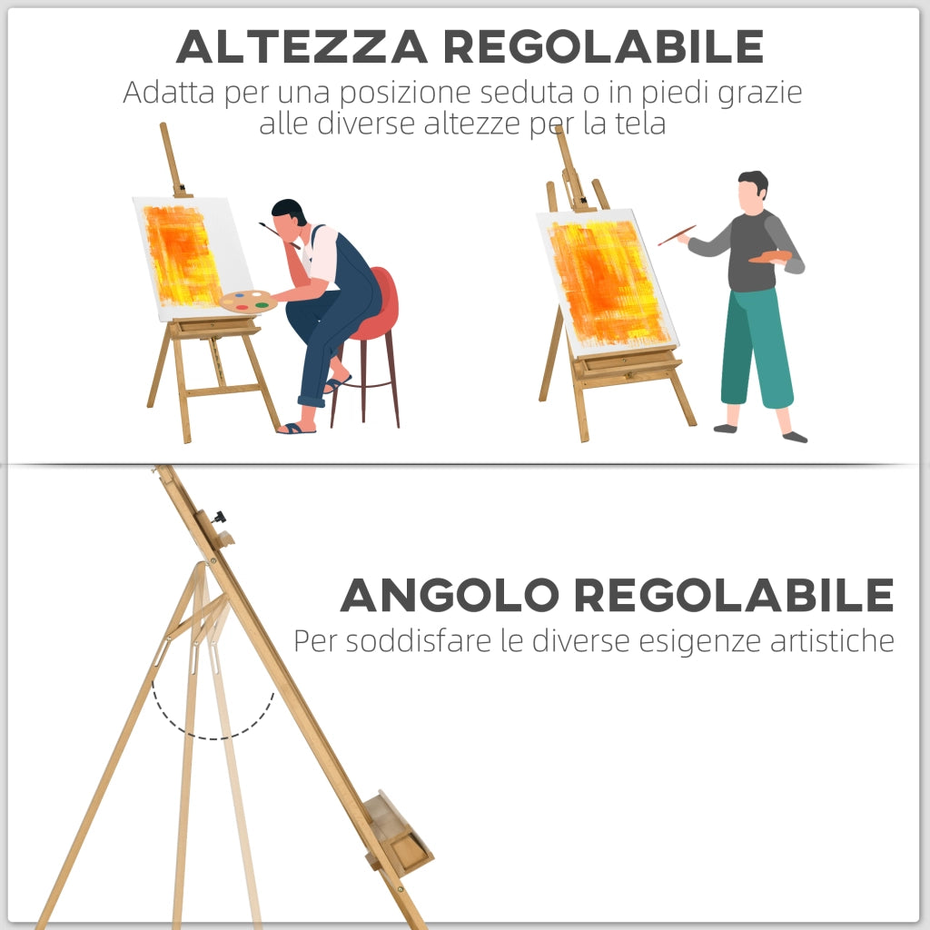 Cavalletto per pittura pieghevole in legno di faggio regolabile treppiede robusto per fai da te 65x110x180-235 cm
