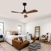 Ventilatore da soffitto con luce LED e motore DC reversibile; in ABS nero e noce scuro