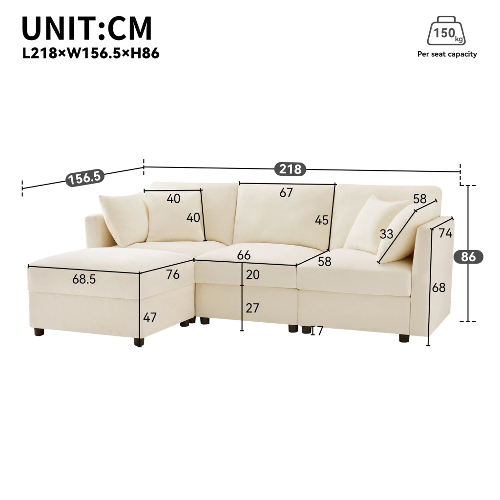 Divano Angolare Convertibile 3-4 Posti con Pouf Mobile, Braccioli Regolabili, in Ciniglia Beige