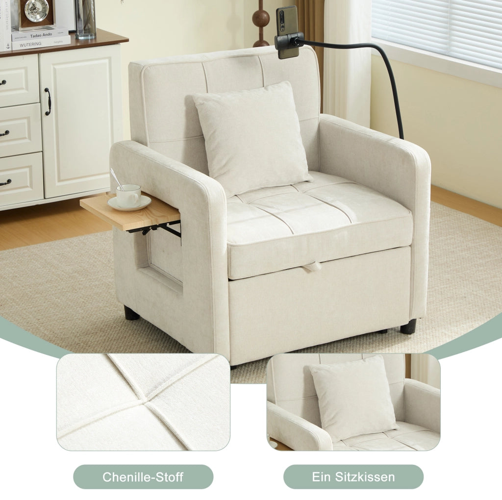 Poltrona letto convertibile 167x79x83 cm in chenille beige con bracciolo portaoggetti
