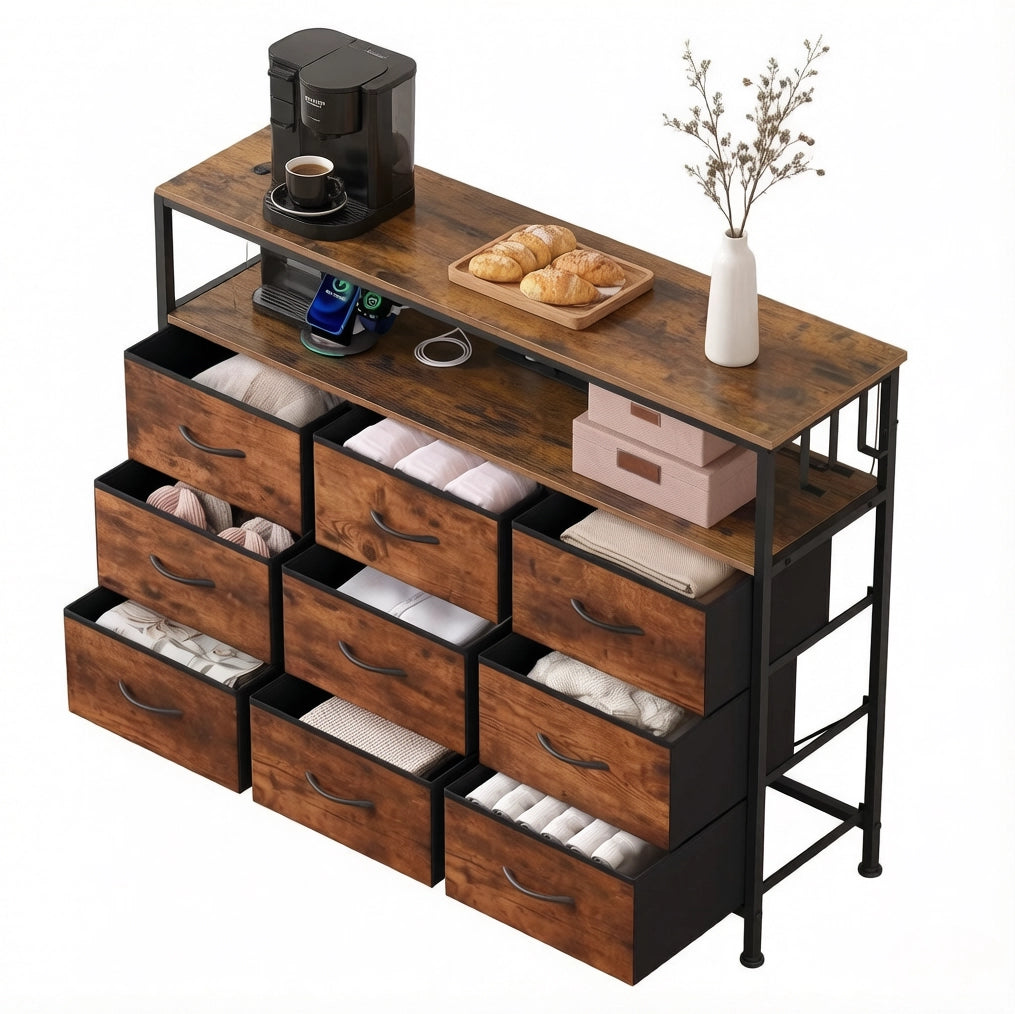 Comò con 9 cassetti e 2 ripiani in legno E1 e metallo 110x85x30 cm, colore marrone rustico e nero