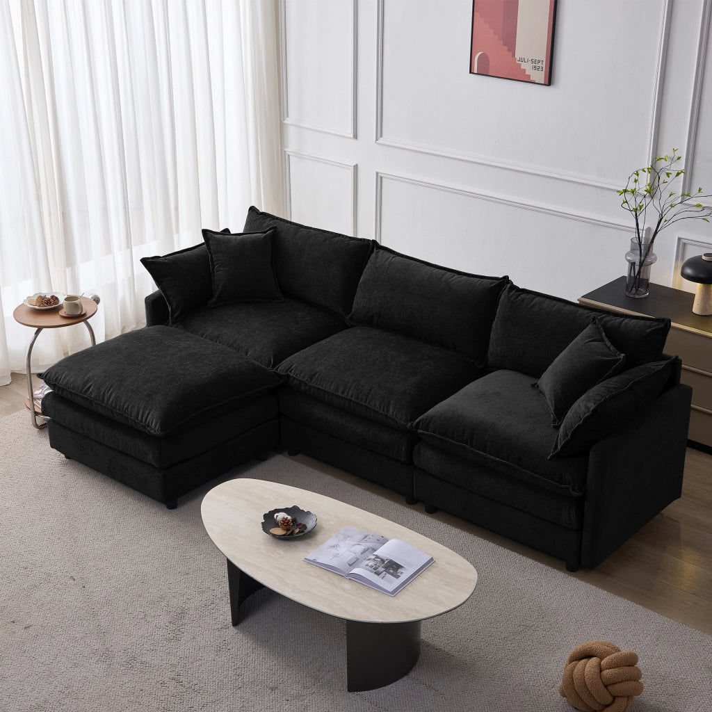 Divano angolare modulare a 3 posti in chenille nero con pouf e cuscini sfoderabili 267 × 154 × 85 cm