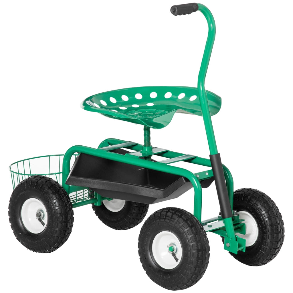 Sgabello da Giardino con Ruote Carrello Seduta Girevole 360° Regolabile in Metallo Portata 150kg Verde per Giardinaggio