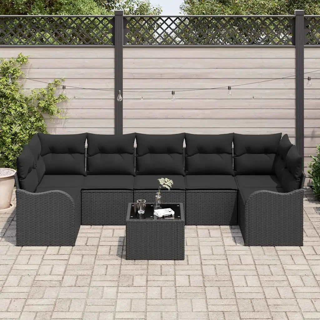 Set Divano da Giardino 8 pcs Nero Polyrattan, Acciaio e Vetro