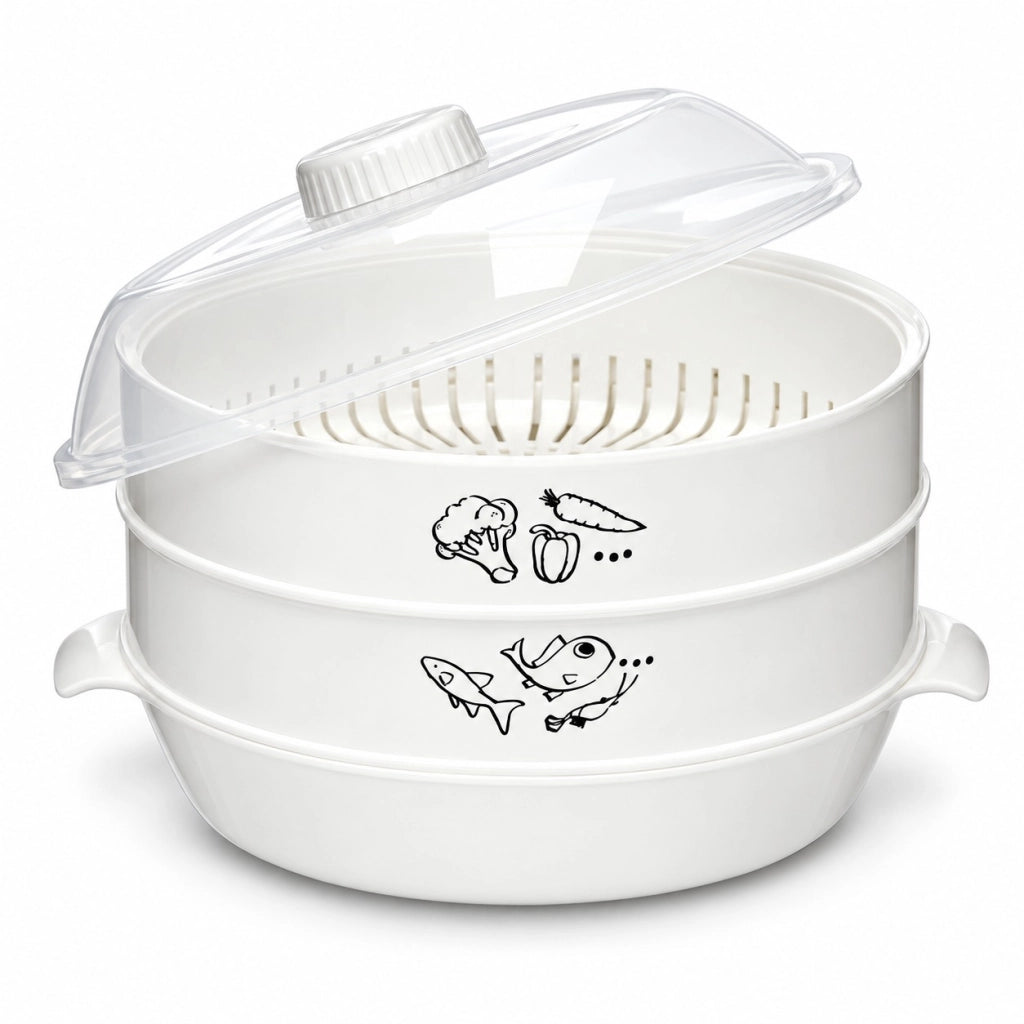 Vaporiera Microonde 2,4 l 2 Livelli per Carne Pesce Verdure in Polipropilene Bianco