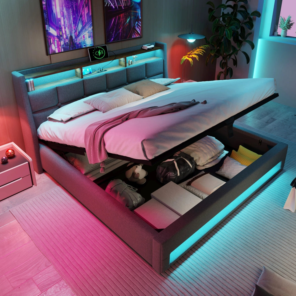 Letto imbottito grigio 140x200 cm con LED, USB e contenitore