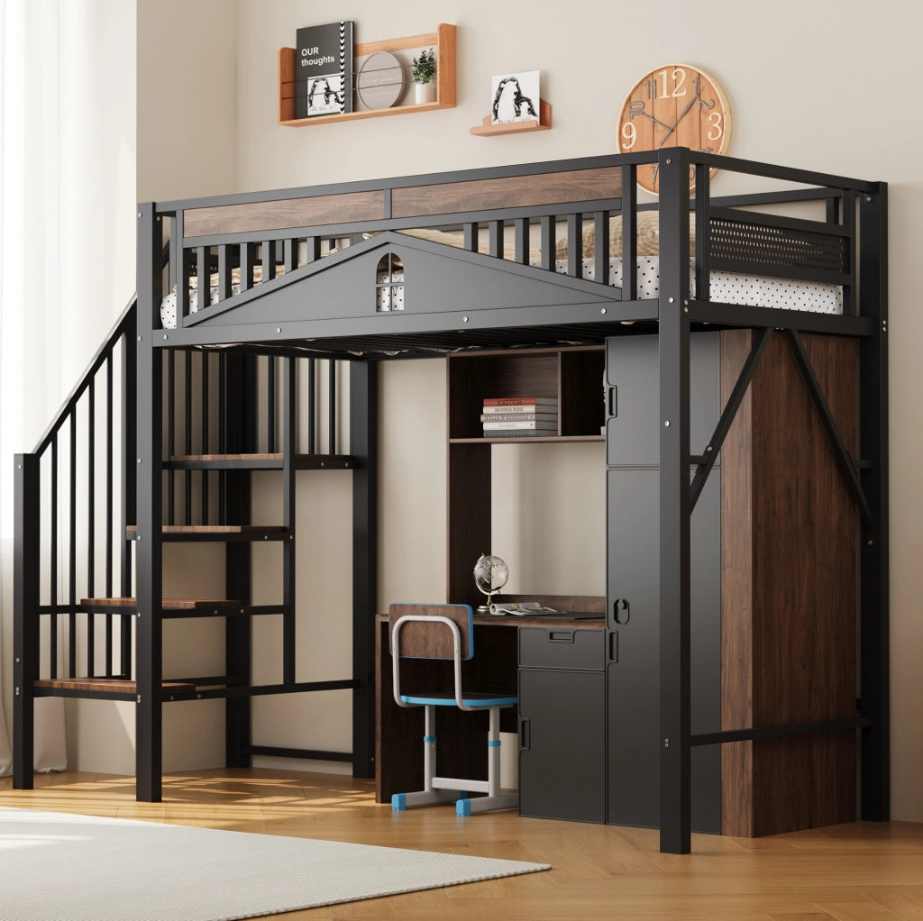 Letto a soppalco 90x200 cm in metallo nero con scala laterale e vani contenitore