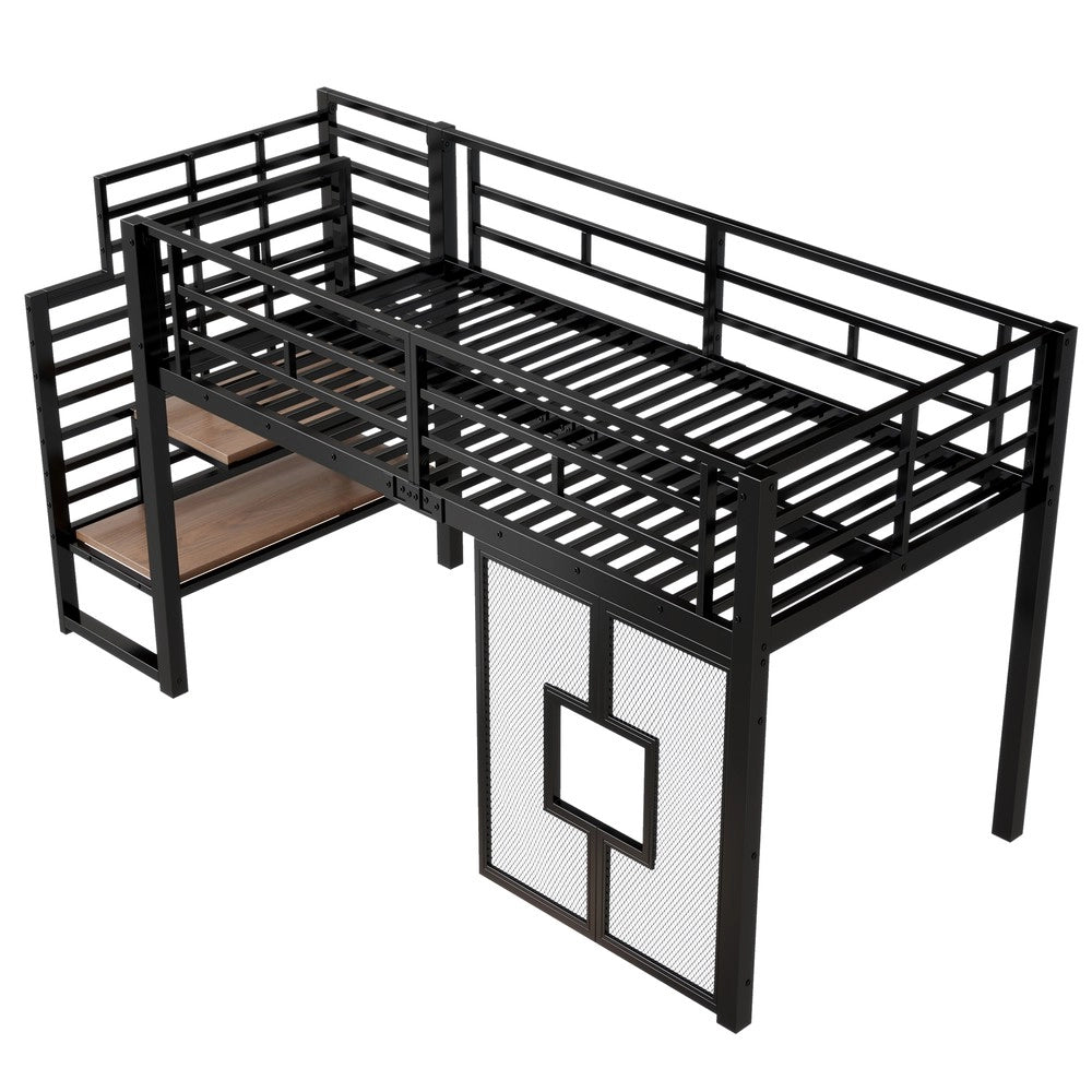 Letto a Soppalco con Scala ¨C MINIMAL ¨C Metallo Nero 90x200, LED, Contenitore