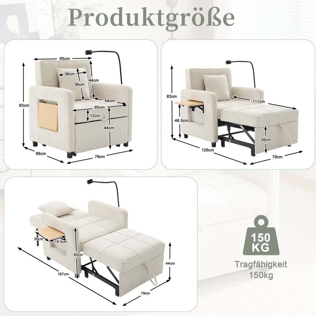 Poltrona letto convertibile 167x79x83 cm in chenille beige con bracciolo portaoggetti