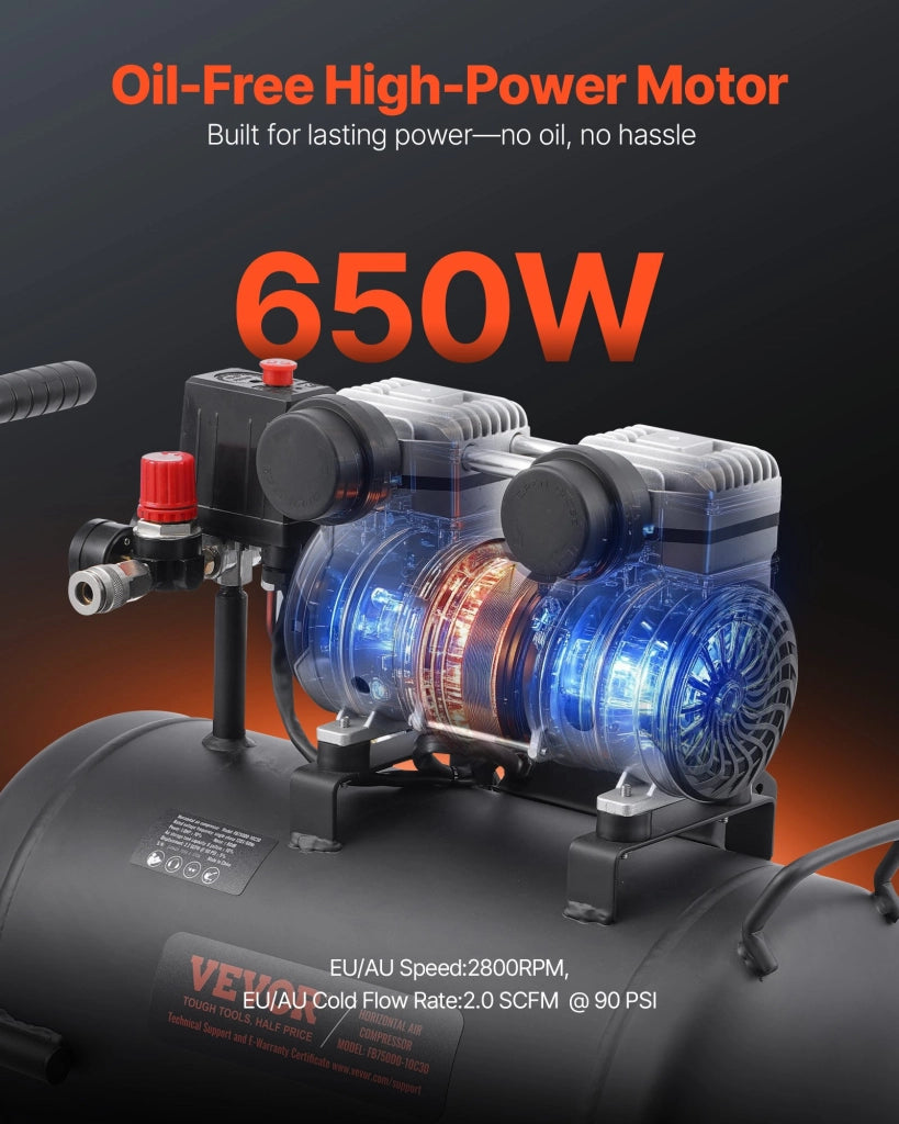 Compressore d'Aria Senza Olio 30L 650W in Acciaio Portatile e Silenzioso per Officina Bricolage Gonfiaggio Pneumatici e Fai da Te