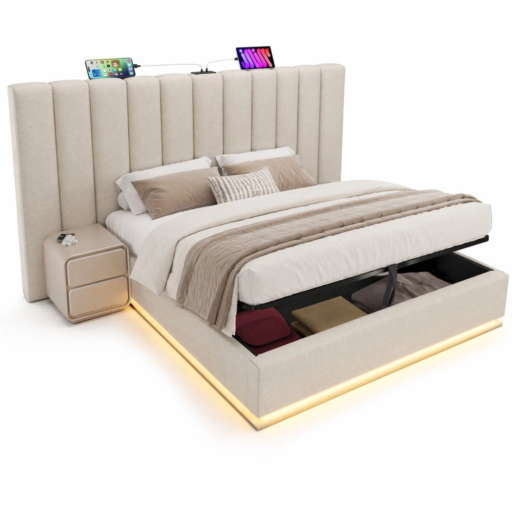 Letto contenitore 180 × 200 cm con LED; 3 USB e Type-C; lino beige