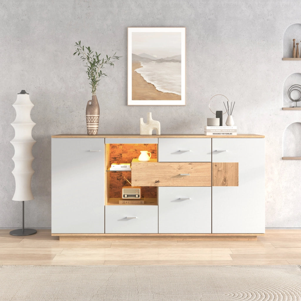Madia con LED a 16 colori 2 ante 4 cassetti ripiani regolabili per soggiorno bianco effetto legno 160 × 40 × 77 cm