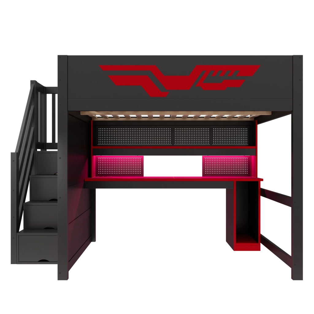 Letto a soppalco 140x200 con scrivania integrata; LED e USB; nero e rosso