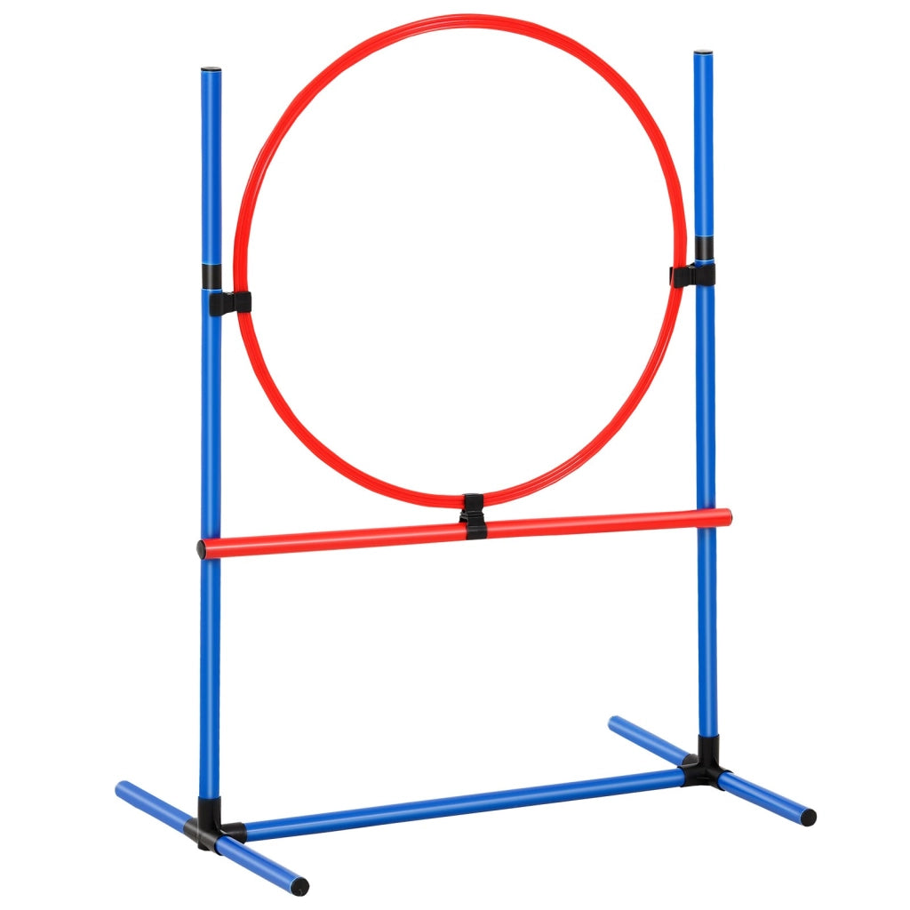 Set 5 Pezzi Attrezzatura Addestramento Agilità Cani HC-ZAG08 in PVC Percorso a Ostacoli con Tunnel e Anello Salto Regolabile Portatile per Giardino